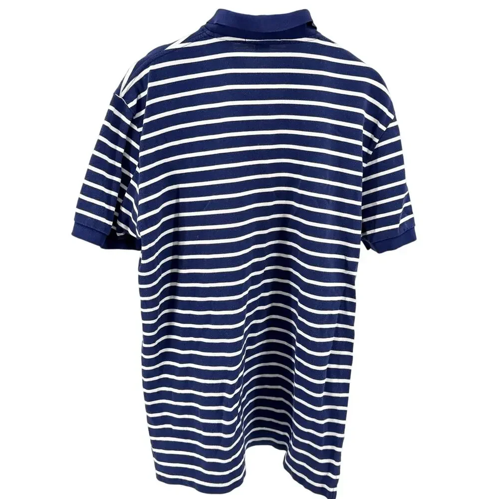 Vintage 90s Polo Ralph Lauren Navy Blue White Striped 100% Cotton Polo Shirt